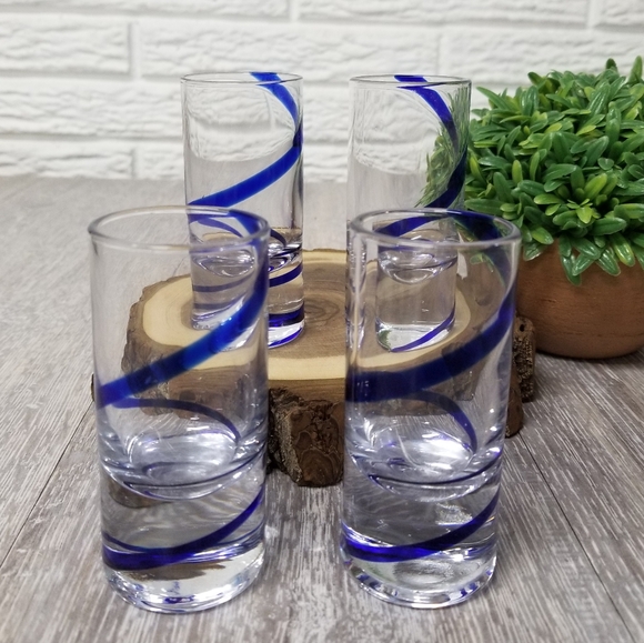 Swirling cobalt blue handblown shot/cordial glasses set of 4 - Picture 4 of 8